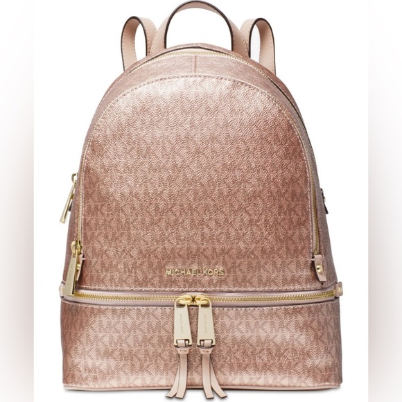Michael Kors Handbags - Michael Kors Rhea Medium Metallic Rose Gold Signature Logo Backpack